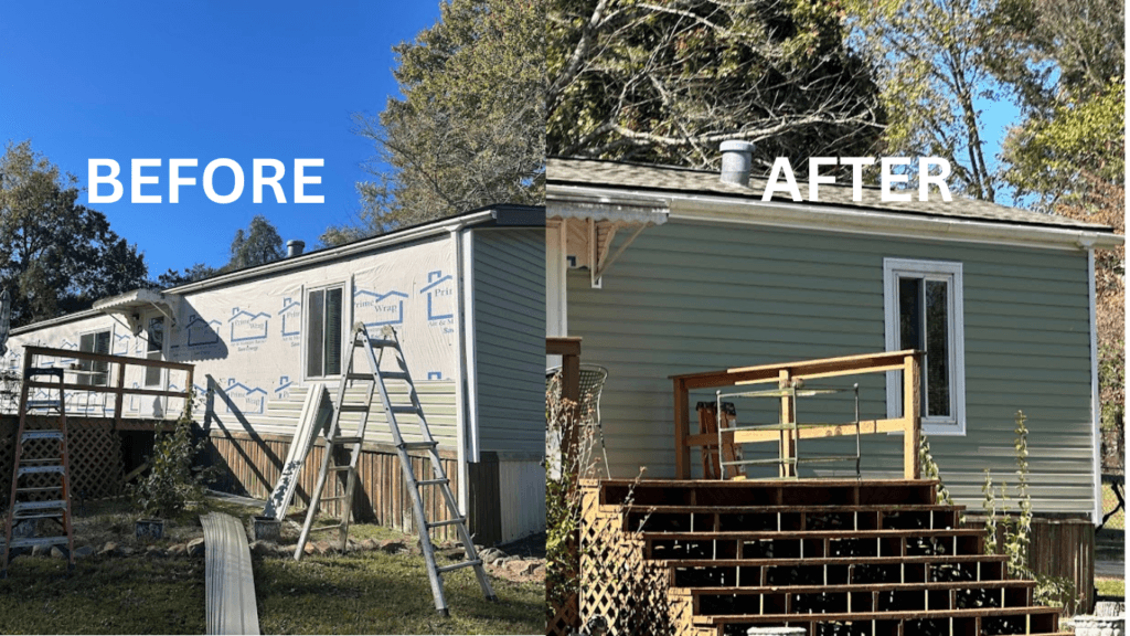 Before and after vinyl siding replacement on a mobile home in Old North Knoxville, TN