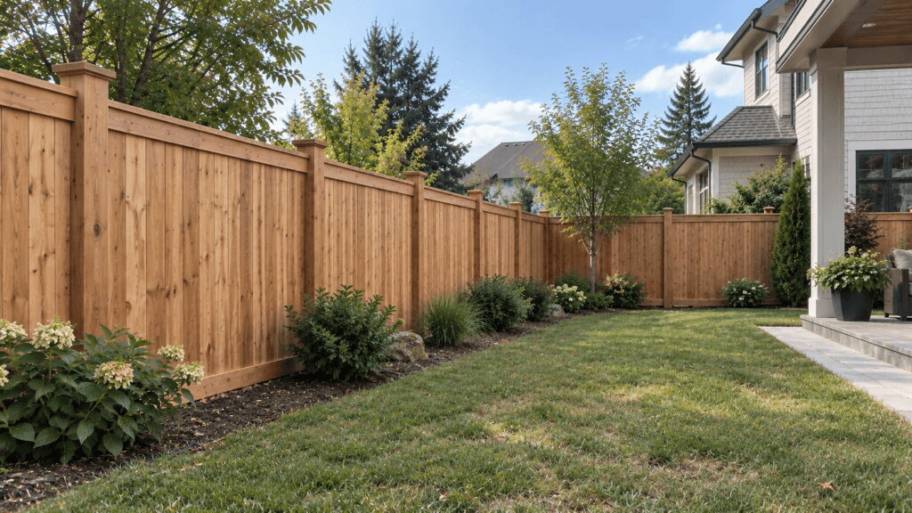 Completed wood privacy fence running along the edge of a landscaped backyard