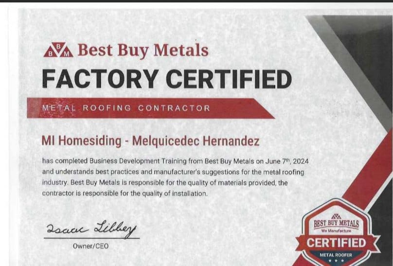MI Homesiding & Roofing Best Buy Metals Factory Certified certificate
