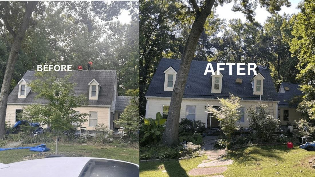 Before and after of a completed MI Homesiding & Roofing replacement: weathered grey shingles on a two-dormer home replaced with new dark architectural shingles