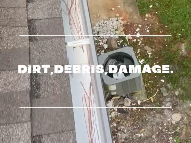 Looking down into a gutter packed with dirt and debris beside a shingle roof, captioned Dirt, Debris, Damage.